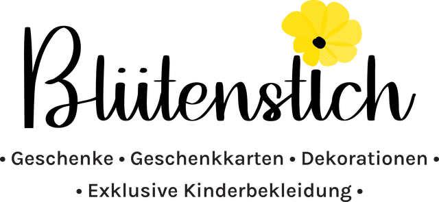 Logo Blütenstich - Schriftzug mit gelber Blüte